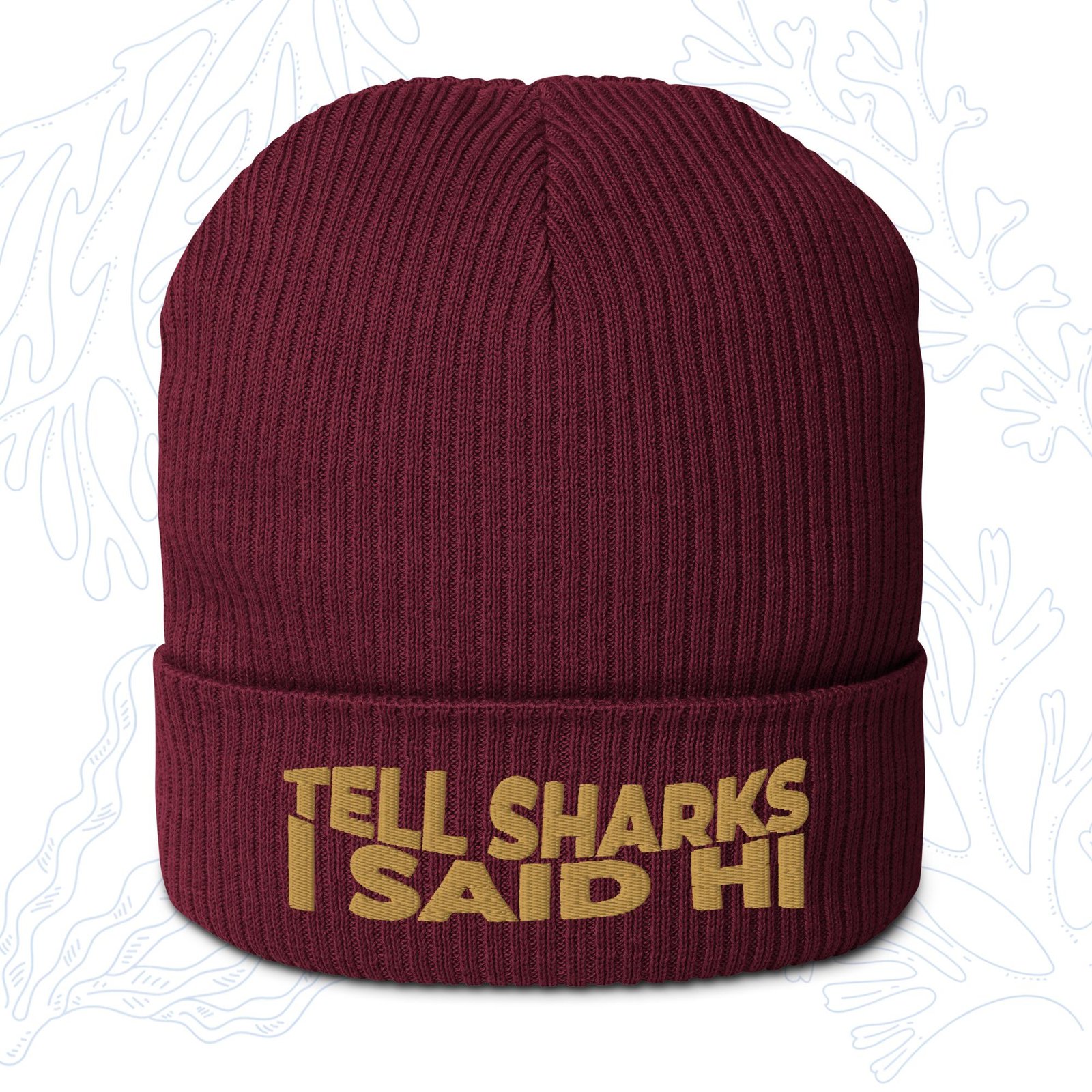tell sharks i said hi organic shark beanie in burgundy with gold embroidery whalehug