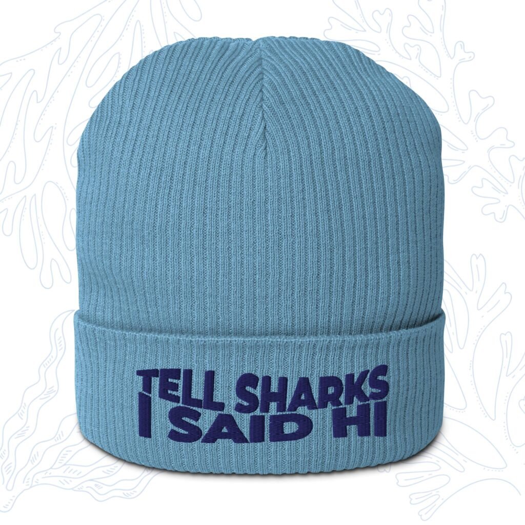 tell sharks i said hi organic shark beanie in light avio blue with navy embroidery whalehug