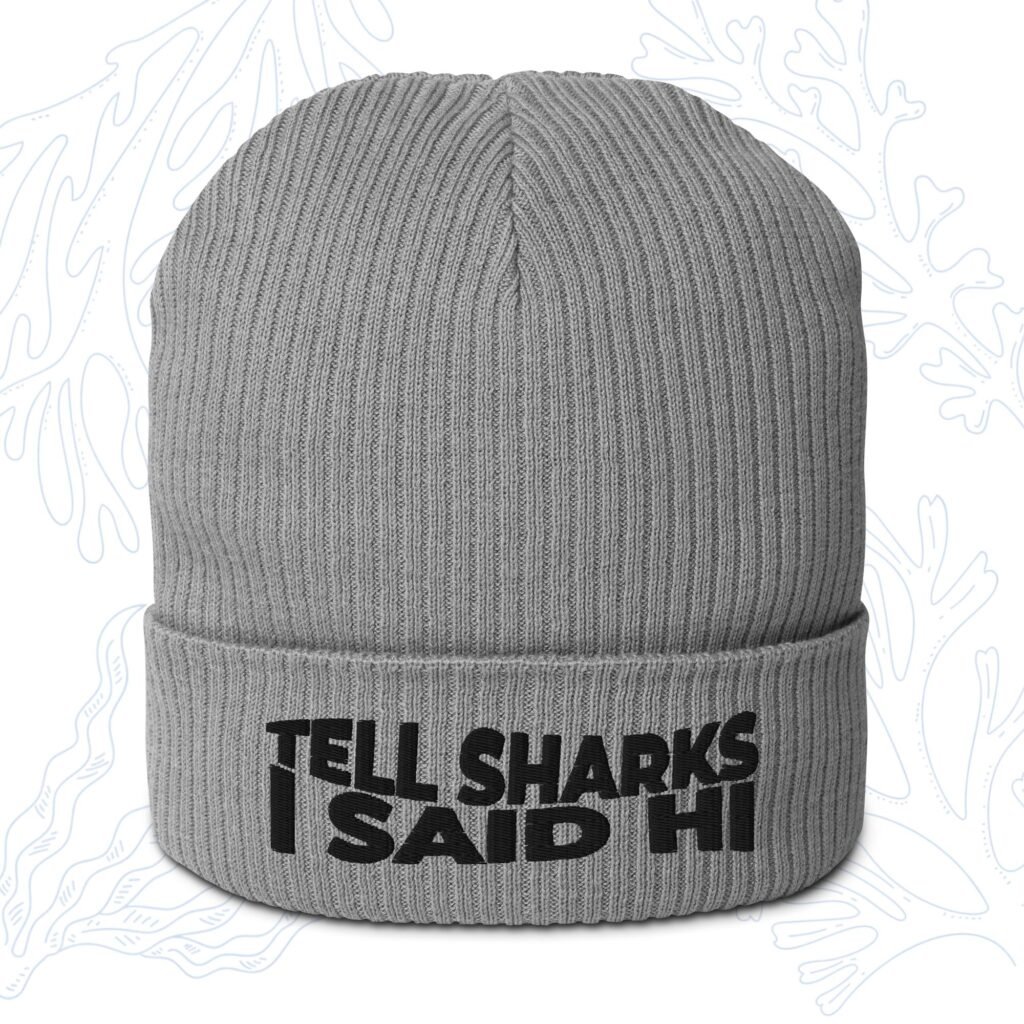 tell sharks i said hi organic shark beanie in light grey with black embroidery whalehug