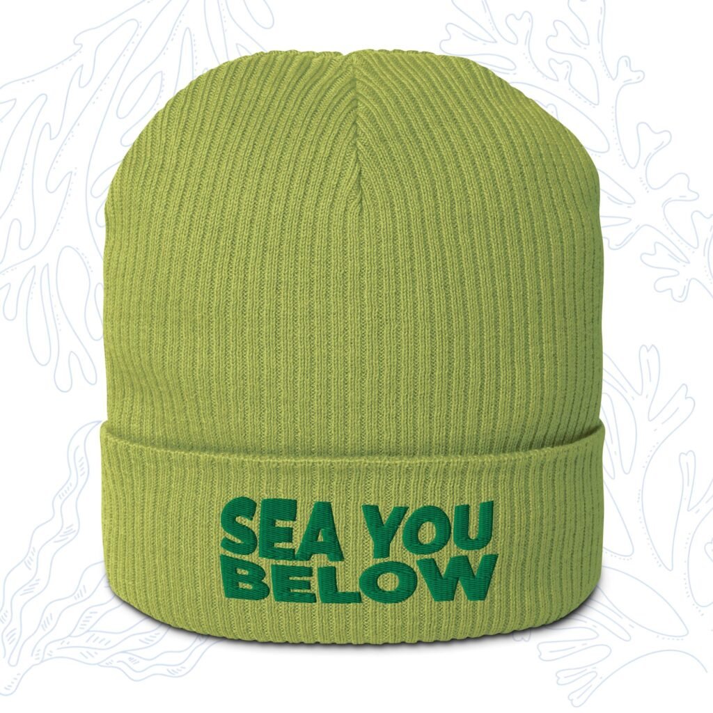 sea you below organic diver beanie in leaf green with embroidered cuff whalehug