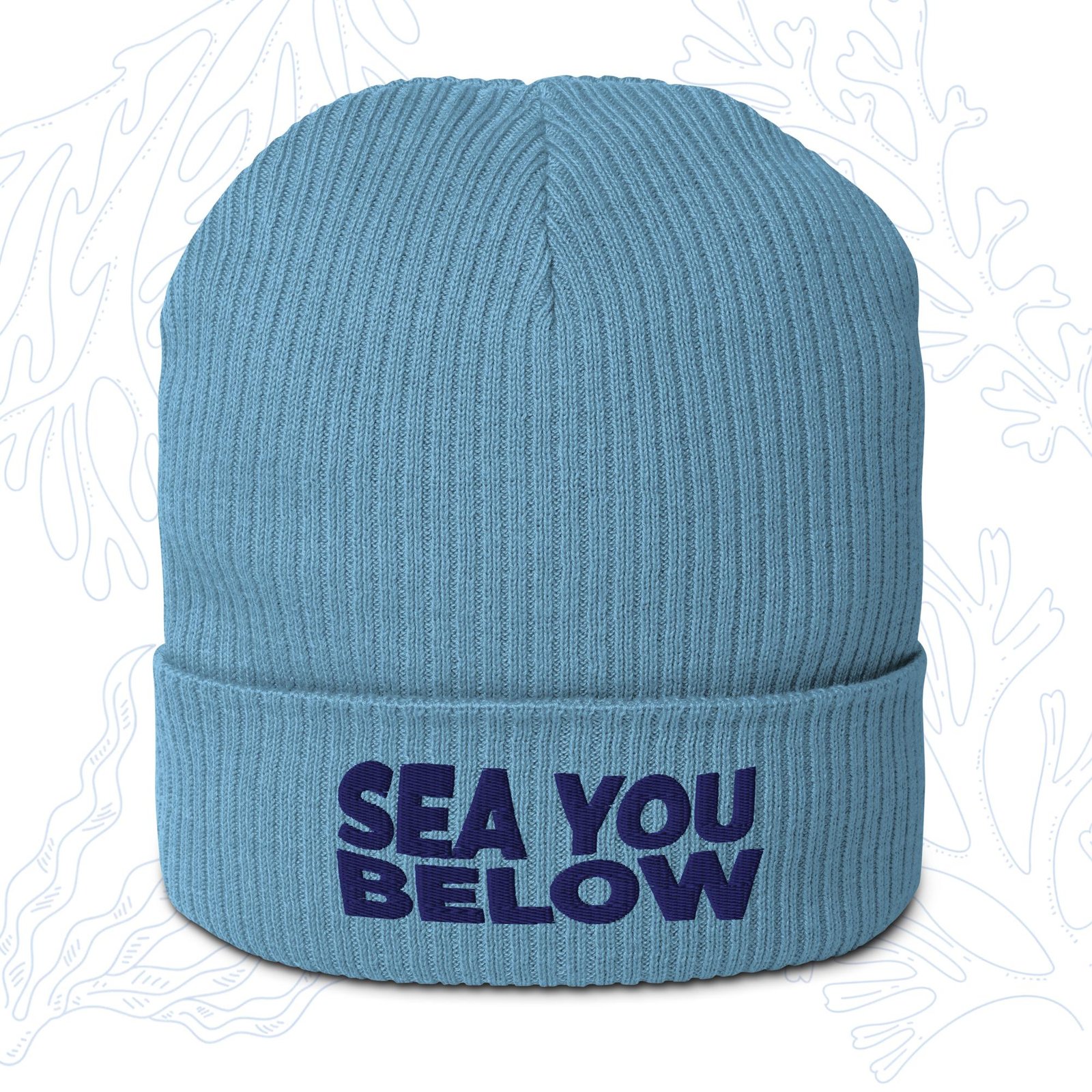 sea you below organic diver beanie in light avio blue with embroidered cuff whalehug