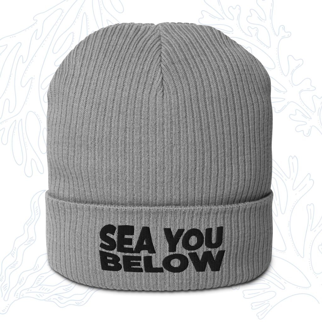 sea you below organic diver beanie in light grey with embroidered cuff whalehug