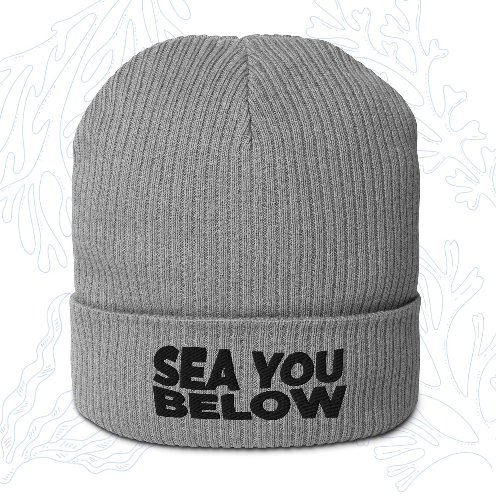 sea you below organic diver beanie in light grey with embroidered cuff whalehug