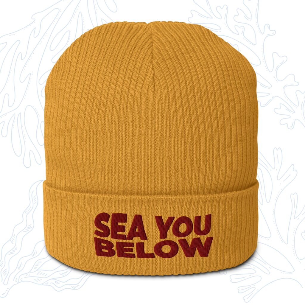 sea you below organic diver beanie in mustard yellow with embroidered cuff whalehug